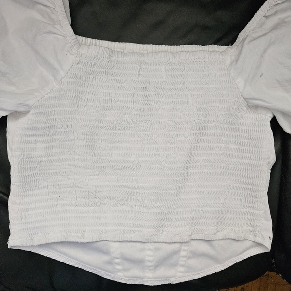 Japna Gaze Sz L White Crop Top with Puffed Sleeves Smoked Back 100% Cotton - Picture 6 of 9